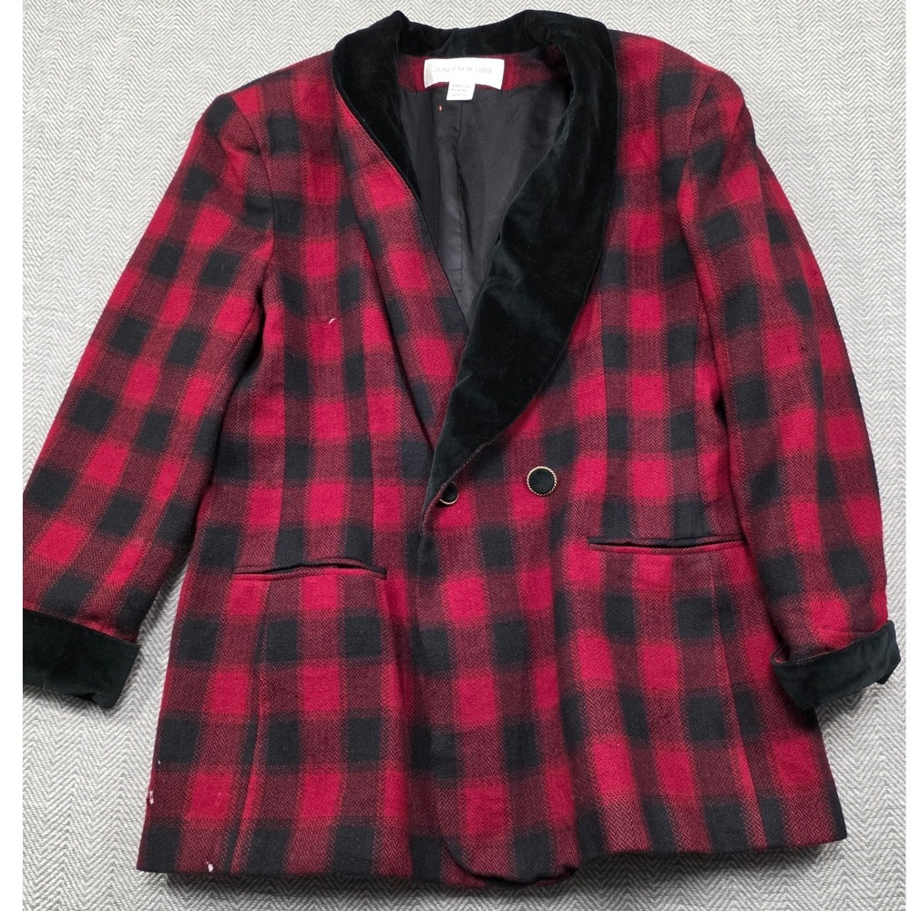 Jones New York Vintage Red Buffalo Plaid Blazer Velvet Shawl Collar Made in USA
